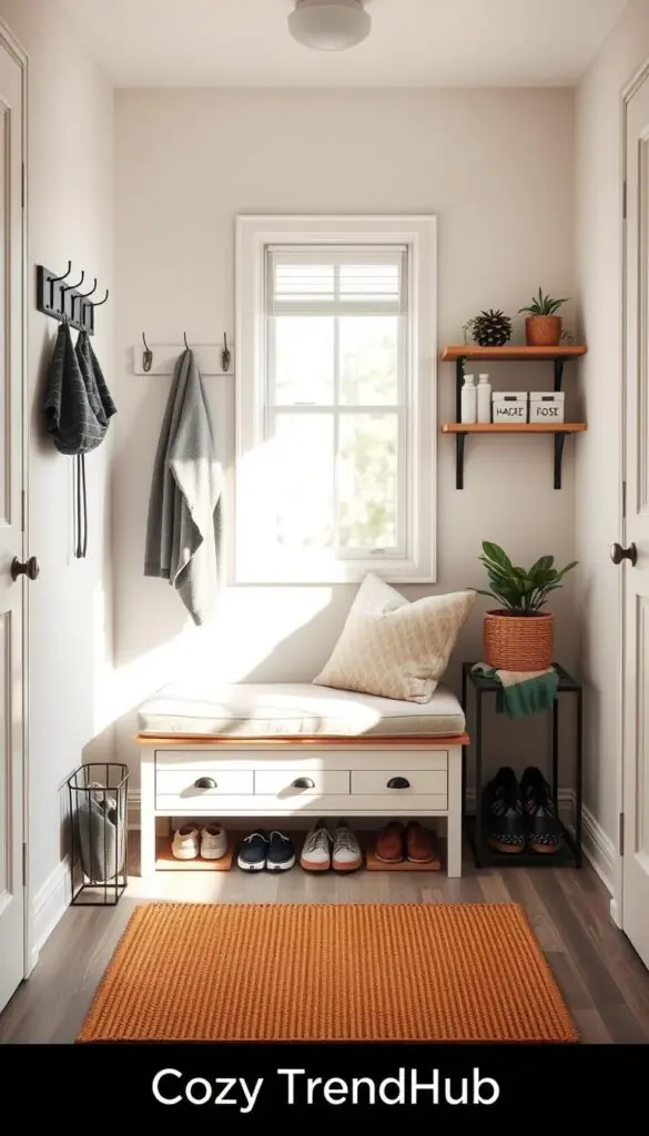 A cozy, small-space entryway drop zone designed for renters, featuring a stylish, wall-mounted coat rack with hooks, a compact shoe storage bench adorned with plush cushions, and a decorative shelf displaying indoor plants and decorative items. The foreground showcases the shoe bench invitingly positioned with shoes neatly organized underneath. In the middle, a warm, welcoming mat lies at the entrance, complemented by a subtle wall color that promotes a serene atmosphere. The background includes soft, natural light filtering through a nearby window, enhancing the inviting mood. Capture this scene in a bright, airy setting, using a wide-angle lens to emphasize space, and focus on creating a Pinterest-style lifestyle photo that embodies functionality and aesthetic charm, branded elegantly as "CozyTrendHub".