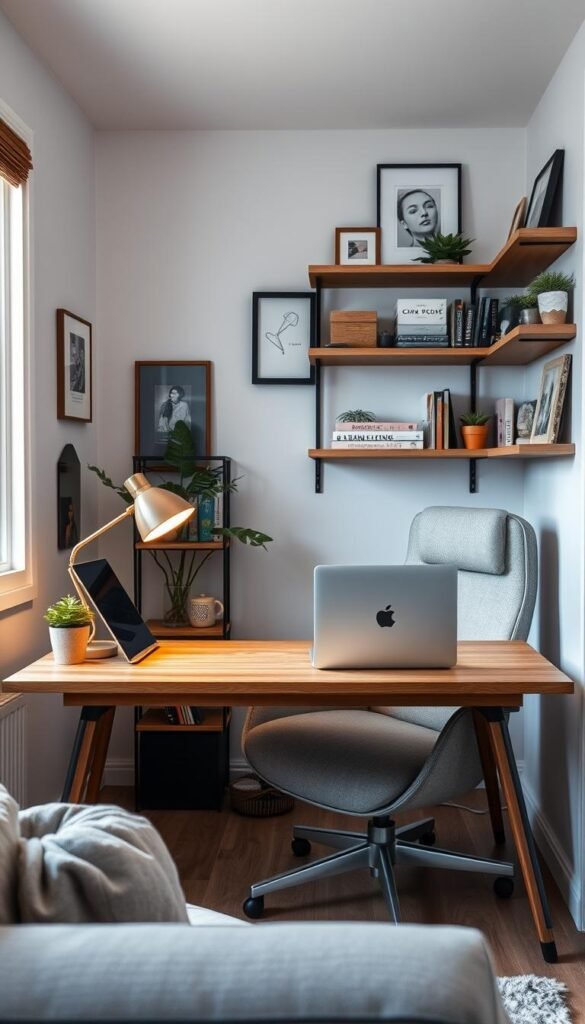 A cozy, small-space home office corner featuring a stylish, functional layout. In the foreground, a sleek, wooden desk with a modern laptop, surrounded by tasteful organizational tools like a small potted plant and a chic desk lamp emitting warm, soft light. The middle ground showcases a comfortable, ergonomic chair in a soft fabric, positioned at the desk. On the walls, decorative shelving with books, framed art, and personal touches adds warmth. The background reveals a window with natural light streaming in, accentuating the space's inviting atmosphere. Use a wide-angle lens for a bright, airy feel, capturing the essence of a functional yet aesthetic work-from-home setup. The scene is designed in the style of CozyTrendHub, balancing professionalism with personal flair. A cozy, small-space home office corner featuring a stylish, functional layout. In the foreground, a sleek, wooden desk with a modern laptop, surrounded by tasteful organizational tools like a small potted plant and a chic desk lamp emitting warm, soft light. The middle ground showcases a comfortable, ergonomic chair in a soft fabric, positioned at the desk. On the walls, decorative shelving with books, framed art, and personal touches adds warmth. The background reveals a window with natural light streaming in, accentuating the space's inviting atmosphere. Use a wide-angle lens for a bright, airy feel, capturing the essence of a functional yet aesthetic work-from-home setup. The scene is designed in the style of CozyTrendHub, balancing professionalism with personal flair.