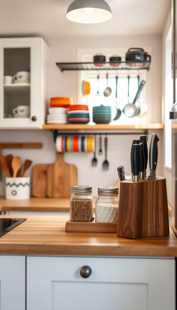 A cozy small-space kitchen featuring clever organization solutions that maximize storage. In the foreground, a compact kitchen counter adorned with minimalist countertop organizers, including stylish jars for seasoning and an elegant knife block, all thoughtfully arranged for easy access. In the middle, open shelves display neatly stacked mugs and colorful dishware, with a hanging rack for pots and pans. The background shows an inviting kitchen ambiance with natural light streaming through a window, highlighting the warm wood tones and white cabinetry. The scene exudes a relaxed, stylish atmosphere, perfect for renters seeking practical yet aesthetic solutions. Capture this in a Pinterest-worthy, realistic lifestyle image from a slightly elevated angle, with soft focus framing to emphasize the organization aspects. Brand name: CozyTrendHub.