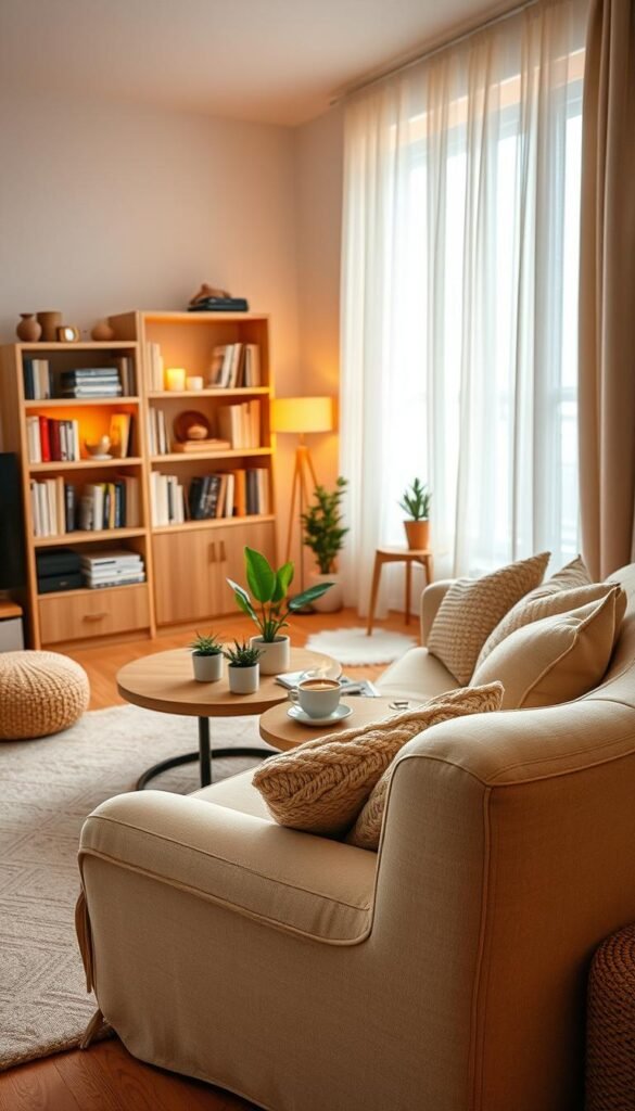 A cozy small-space living room, designed for warmth and comfort, featuring a stylish yet compact layout. In the foreground, a plush, oversized armchair in soft beige, adorned with a knit throw blanket and decorative pillows. The middle ground includes a circular wooden coffee table with a steaming cup of coffee, surrounded by a few potted plants for a splash of greenery. The background showcases a softly lit bookshelf filled with books and personal mementos, and a large window draped in light sheer curtains, allowing warm natural light to flood the room. A subtle earthy color palette enhances the inviting atmosphere. Captured with a 35mm lens, the image emphasizes depth and warmth, evoking feelings of relaxation and comfort. Ideal for a Pinterest-style lifestyle aesthetic from CozyTrendHub.