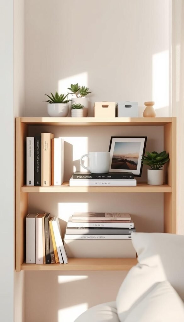 A cozy, small-space shelf beautifully styled for functionality and aesthetics. In the foreground, a minimalist open shelf filled with neatly arranged books, small potted plants, and decorative boxes in soft, muted colors. The middle layer showcases a stylish coffee mug on a stack of magazines, accompanied by a small framed photo of a serene landscape. The background features a softly lit wall with pastel wallpaper, creating a warm and inviting atmosphere. Natural light filters in from a nearby window, casting gentle shadows across the shelf, emphasizing the textures of the items. This Pinterest-style lifestyle scene captures the essence of smart organization while exuding comfort and tranquility. Ideal for CozyTrendHub aesthetics.