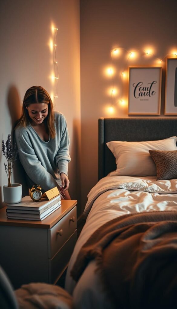 A cozy, softly lit bedroom at night, featuring a neatly organized bedside table adorned with a small stack of books, a calming lavender diffuser, and a stylish alarm clock. In the foreground, a relaxed individual, dressed in comfortable loungewear, is tidying up the room with a gentle smile. The middle ground showcases a neatly made bed with fluffy pillows and a warm throw blanket, evoking a sense of tranquility. In the background, dimmed fairy lights accentuate a peaceful atmosphere, casting a warm glow on the walls adorned with minimalist art. The overall mood is serene and inviting, capturing the essence of a nightly reset. Perfect for showcasing a lifestyle around organization and comfort, inspired by CozyTrendHub’s aesthetic. A cozy, softly lit bedroom at night, featuring a neatly organized bedside table adorned with a small stack of books, a calming lavender diffuser, and a stylish alarm clock. In the foreground, a relaxed individual, dressed in comfortable loungewear, is tidying up the room with a gentle smile. The middle ground showcases a neatly made bed with fluffy pillows and a warm throw blanket, evoking a sense of tranquility. In the background, dimmed fairy lights accentuate a peaceful atmosphere, casting a warm glow on the walls adorned with minimalist art. The overall mood is serene and inviting, capturing the essence of a nightly reset. Perfect for showcasing a lifestyle around organization and comfort, inspired by CozyTrendHub’s aesthetic.