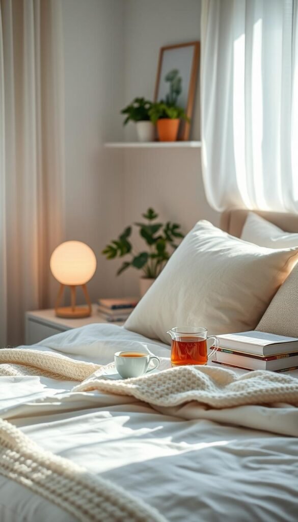 A cozy, softly lit bedroom scene bathed in natural light, showcasing a well-arranged space ideal for relaxation. In the foreground, a comfortable bed with fluffy white bedding and a textured knitted throw, adorned with pastel-colored pillows. Beside the bed, a stylish SAD lamp emits a warm glow, complementing the soft natural light streaming through sheer curtains. In the middle, a bedside table holds a steaming cup of herbal tea and a stack of well-loved books. The background features a simple shelf filled with green plants and tranquil artwork, enhancing the serene atmosphere. The setting conveys a peaceful, inviting mood, perfect for restful sleep. This beautiful vignette embodies the essence of cozy decor for better sleep. &mdash; CozyTrendHub.
