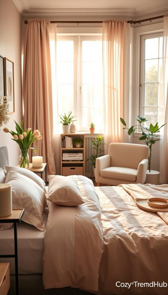 A cozy spring bedroom corner showcasing subtle decor enhancements, ideal for shared spaces. In the foreground, a beautifully made bed with pastel-colored linens, adorned with fluffy pillows and a light throw. A small nightstand holds a vase of fresh tulips and a decorative candle. In the middle ground, a comfortable reading chair in a soft fabric, next to a small bookshelf filled with books and a couple of indoor plants, adding a touch of greenery. In the background, large windows allow warm, natural light to flood the room, highlighting sheer curtains that flutter gently. The color palette includes soft pinks, greens, and earthy tones, creating an inviting and tranquil atmosphere. Captured in soft focus, this Pinterest-style image embodies the essence of spring without overwhelming decor, branded with &ldquo;CozyTrendHub&rdquo; for a lifestyle touch.