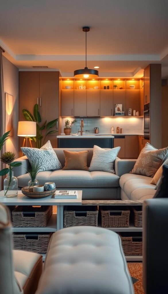 A cozy, stylish apartment featuring innovative smart storage solutions that integrate seamlessly into the decor. In the foreground, showcase elegant multi-functional furniture, like a coffee table with built-in storage and decorative baskets used as shelves. The middle layer depicts a visually appealing living area with soft, warm lighting illuminating plush fabrics and rich textures, complemented by indoor plants for a touch of freshness. The background reveals a contemporary kitchen with stylish cabinetry that cleverly hides away clutter while displaying tasteful decor elements, such as artisanal dishware. The overall atmosphere feels calm and inviting, designed for a Pinterest-worthy lifestyle. Captured from a slightly elevated angle with soft focus, the scene embodies warmth and organization, reflecting the essence of modern living. Brand name: CozyTrendHub.
