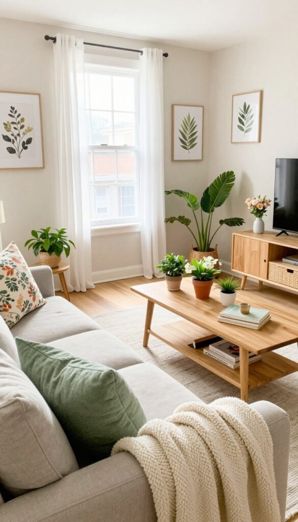A cozy, stylish apartment living room decorated for spring, featuring light pastel colors and renter-friendly decor. In the foreground, a plush, neutral-colored sofa adorned with green and floral throw pillows, along with a soft, textured throw blanket. In the middle, a wooden coffee table decorated with small potted plants, fresh flowers in a vase, and a few decorative books. The background showcases a bright window allowing natural light to pour in, with sheer white curtains fluttering gently. Bright wall art featuring framed botanical prints enhances the ambiance. The scene is well-lit, emphasizing a warm, inviting atmosphere, perfect for a stylish spring setup. Capture the essence of a Pinterest-inspired lifestyle photo from CozyTrendHub, using a wide-angle lens to create depth and warmth. A cozy, stylish apartment living room decorated for spring, featuring light pastel colors and renter-friendly decor. In the foreground, a plush, neutral-colored sofa adorned with green and floral throw pillows, along with a soft, textured throw blanket. In the middle, a wooden coffee table decorated with small potted plants, fresh flowers in a vase, and a few decorative books. The background showcases a bright window allowing natural light to pour in, with sheer white curtains fluttering gently. Bright wall art featuring framed botanical prints enhances the ambiance. The scene is well-lit, emphasizing a warm, inviting atmosphere, perfect for a stylish spring setup. Capture the essence of a Pinterest-inspired lifestyle photo from CozyTrendHub, using a wide-angle lens to create depth and warmth.