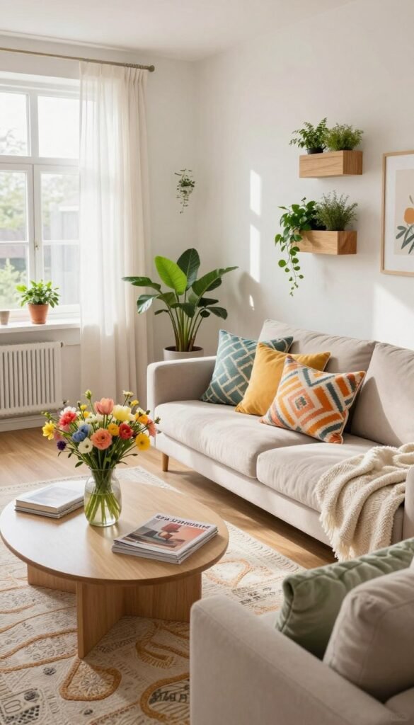 A cozy, stylish apartment living room featuring a light, airy atmosphere, adorned with fresh spring decor. In the foreground, a plush, neutral-colored sofa is accented with vibrant, patterned throw pillows and a soft, textured blanket. A round coffee table displays a vase of colorful, blooming flowers and a few artfully arranged magazines. In the middle, a decorative rug adds warmth, while wall-mounted planters showcase vibrant greenery, enhancing the spring vibe. The background features a large window with sheer curtains, allowing natural light to flood the room, creating soft shadows and highlighting the decor. The scene is captured from a slightly elevated angle, emphasizing the open, inviting space. The overall mood is fresh, uplifting, and perfect for spring, embodying the essence of CozyTrendHub.