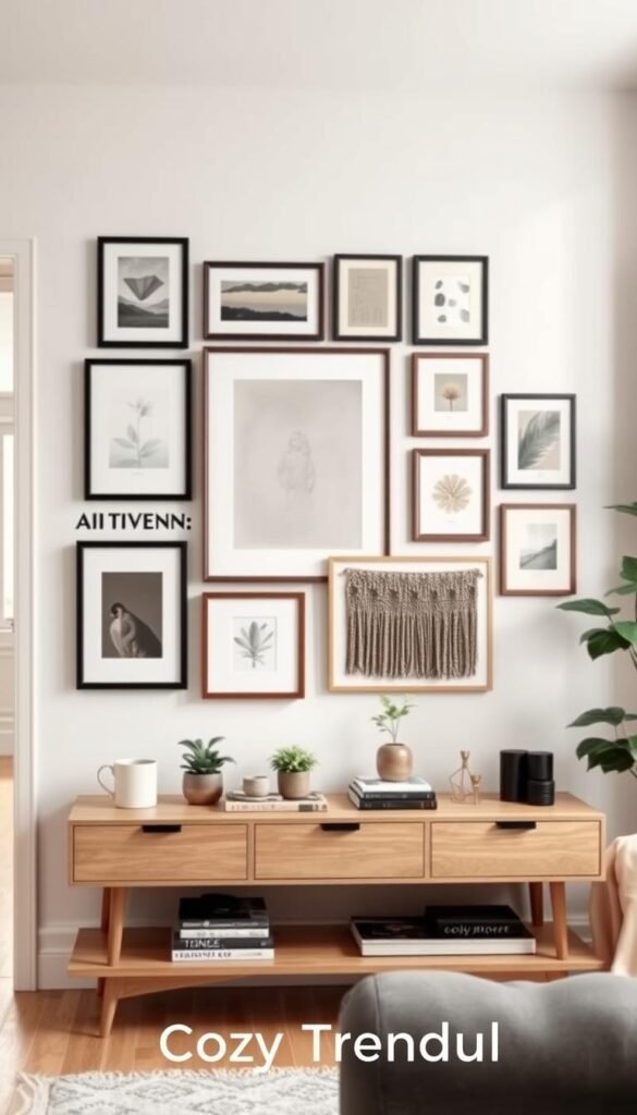 A cozy, stylish apartment wall adorned with a harmonious mix of wall decor that avoids clutter. In the foreground, showcase an elegant gallery wall featuring an assortment of framed art pieces, such as minimalist prints and textured textiles, arranged in a balanced way. In the middle ground, a stylish, light wood console table displaying decorative items like potted plants and carefully stacked books. The background displays soft, muted wall colors to enhance tranquility, with subtle natural light coming in from a nearby window. Use a warm, inviting atmosphere to reflect a Pinterest-worthy lifestyle. Shot with a shallow depth of field to focus on the decor, creating a professional, aesthetic appeal. Ideal for illustrating modern apartment living, branded as "CozyTrendHub".