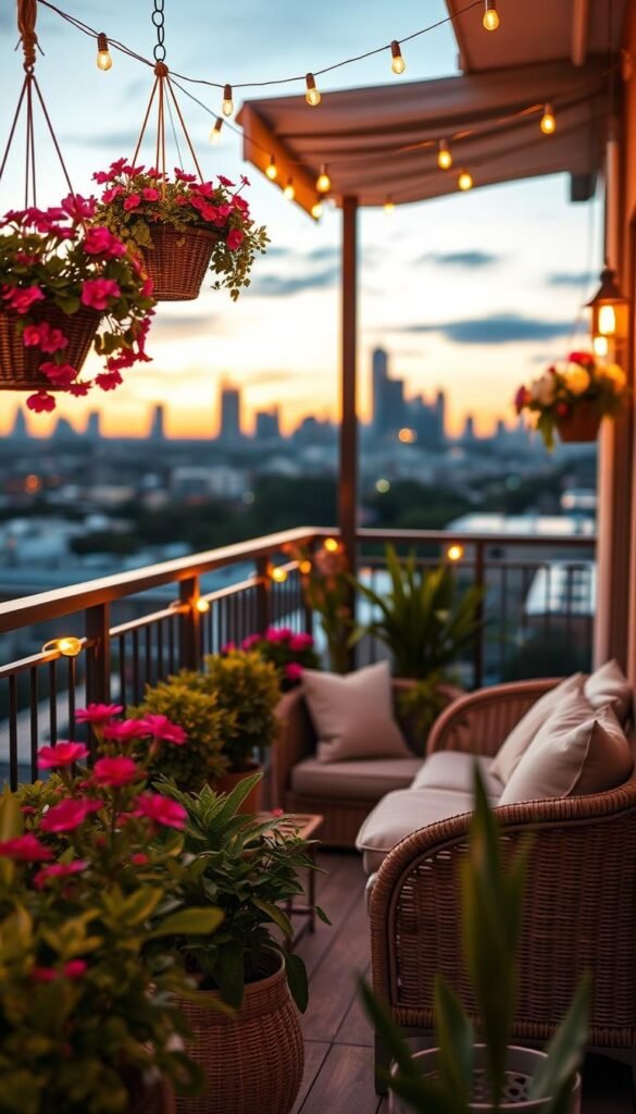 A cozy, stylish balcony at sunset, designed for summer evenings, featuring comfortable furniture like a rattan sofa with plush cushions and a small wooden coffee table. In the foreground, there are vibrant potted plants and hanging flower baskets, creating a lush atmosphere. The middle layer showcases warm string lights gently illuminating the space, enhancing the inviting mood. In the background, the skyline of a city is softly blurred, ensuring focus on the balcony decor. The scene is bathed in golden hour lighting, capturing a peaceful, relaxing vibe. The aesthetic is perfect for a Pinterest-style lifestyle photo, ideal for showcasing balcony decor ideas from CozyTrendHub. A cozy, stylish balcony at sunset, designed for summer evenings, featuring comfortable furniture like a rattan sofa with plush cushions and a small wooden coffee table. In the foreground, there are vibrant potted plants and hanging flower baskets, creating a lush atmosphere. The middle layer showcases warm string lights gently illuminating the space, enhancing the inviting mood. In the background, the skyline of a city is softly blurred, ensuring focus on the balcony decor. The scene is bathed in golden hour lighting, capturing a peaceful, relaxing vibe. The aesthetic is perfect for a Pinterest-style lifestyle photo, ideal for showcasing balcony decor ideas from CozyTrendHub.