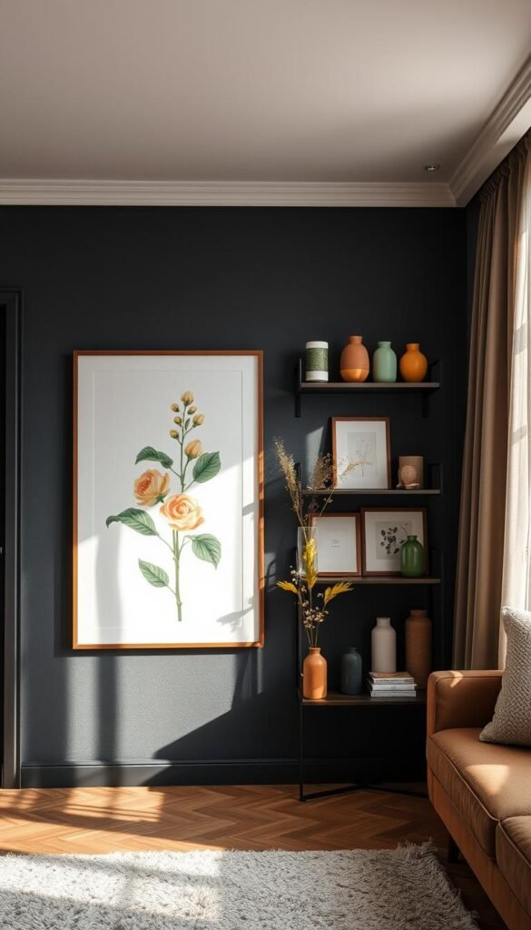 A cozy, stylish corner of a dark apartment featuring wall decor that brings light and joy. In the foreground, a large, vibrant botanical print hangs elegantly on a textured wall. The middle ground showcases a set of decorative shelves adorned with colorful ceramic vases, fresh flowers, and minimalist art pieces, creating an inviting atmosphere. In the background, soft, warm lighting filters through a sheer curtain, casting gentle shadows that enhance the room's dimensions. The overall mood is uplifting, with a touch of spring freshness. The composition should evoke a sense of home and creativity, resembling a Pinterest-worthy lifestyle photo by CozyTrendHub. Use a natural lens perspective to capture the details, ensuring the image feels both intimate and expansive. A cozy, stylish corner of a dark apartment featuring wall decor that brings light and joy. In the foreground, a large, vibrant botanical print hangs elegantly on a textured wall. The middle ground showcases a set of decorative shelves adorned with colorful ceramic vases, fresh flowers, and minimalist art pieces, creating an inviting atmosphere. In the background, soft, warm lighting filters through a sheer curtain, casting gentle shadows that enhance the room's dimensions. The overall mood is uplifting, with a touch of spring freshness. The composition should evoke a sense of home and creativity, resembling a Pinterest-worthy lifestyle photo by CozyTrendHub. Use a natural lens perspective to capture the details, ensuring the image feels both intimate and expansive.