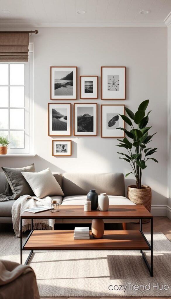 A cozy, stylish interior showcasing a small living room featuring elegant canvas framed prints on the walls. In the foreground, a modern coffee table with a soft throw blanket and a couple of tasteful decorative items. The middle section displays several framed canvas prints in various sizes, each artfully arranged to add depth to the decor. A well-lit background includes a houseplant next to a window, allowing natural light to cascade over the space, creating a warm and inviting atmosphere. The style should feel contemporary and minimalistic, ideal for small spaces. Use soft, diffused lighting to enhance the cozy vibe. This image embodies the brand "CozyTrendHub," perfect for inspiring wall decor ideas.