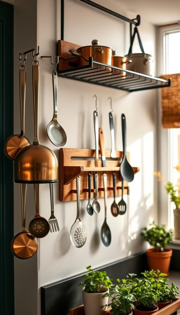 A cozy, stylish kitchen featuring a wall-mounted pot rack displaying an array of cookware and tools, creating an organized and space-saving solution. In the foreground, a set of gleaming copper pots and hanging utensils, such as spatulas and ladles, dangle from sleek hooks. The middle layer showcases a beautifully designed wooden rack, complemented by various kitchen tools meticulously arranged for easy access. In the background, soft, natural light filters through a nearby window, casting gentle shadows and enhancing the warm, inviting atmosphere. Include a stylish kitchen countertop with potted herbs for an added touch of freshness. The scene embodies a Pinterest-worthy kitchen aesthetic, captured from a slightly elevated angle to highlight the organization and functionality of the space. Perfect for a CozyTrendHub lifestyle article.