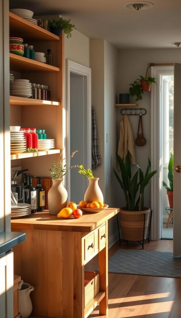 A cozy, stylish kitchen storage area, thoughtfully designed for small spaces. In the foreground, an open shelving unit displays neatly arranged dishware, colorful jars, and indoor herbs, with sunlight streaming in to create warm highlights. The middle section showcases a compact wooden kitchen island topped with fresh seasonal fruits and a rustic vase, adding a burst of color. In the background, a cheerful entryway is visible, featuring a decorative wall-mounted coat rack and potted plants that enhance the inviting atmosphere. The scene is bathed in soft natural light, captured from a slight angle to emphasize depth, evoking a mood of warmth and functionality. This Pinterest-worthy lifestyle image reflects the essence of "kitchen and entryway decor that’s functional, not fussy" for the brand "CozyTrendHub." A cozy, stylish kitchen storage area, thoughtfully designed for small spaces. In the foreground, an open shelving unit displays neatly arranged dishware, colorful jars, and indoor herbs, with sunlight streaming in to create warm highlights. The middle section showcases a compact wooden kitchen island topped with fresh seasonal fruits and a rustic vase, adding a burst of color. In the background, a cheerful entryway is visible, featuring a decorative wall-mounted coat rack and potted plants that enhance the inviting atmosphere. The scene is bathed in soft natural light, captured from a slight angle to emphasize depth, evoking a mood of warmth and functionality. This Pinterest-worthy lifestyle image reflects the essence of "kitchen and entryway decor that’s functional, not fussy" for the brand "CozyTrendHub."