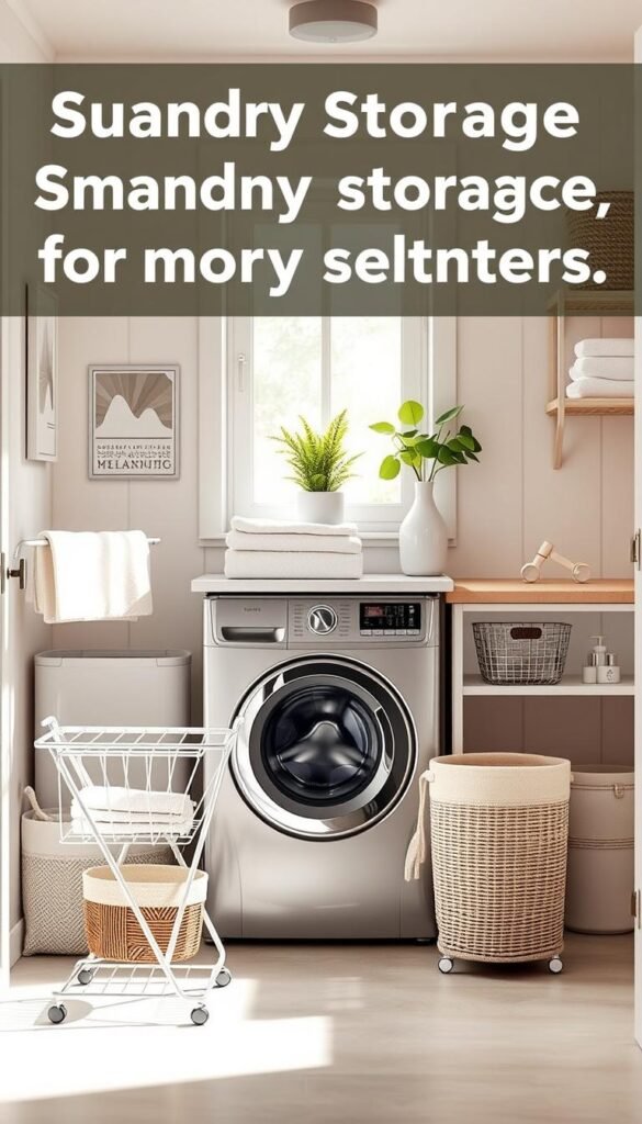 A cozy, stylish laundry area designed specifically for renters, featuring smart storage solutions. In the foreground, a range of innovative laundry storage options, such as a compact folding drying rack, decorative baskets, and stackable shelves, elegantly arranged. In the middle, a modern washing machine with a chic countertop above, adorned with neatly folded towels and a potted plant, creating a warm and inviting atmosphere. The background showcases a well-lit, minimalist space with soft pastel walls and natural light streaming through a window, enhancing the sense of cleanliness and organization. The overall mood is fresh and inspiring, encouraging renters to optimize their laundry space. Capture this lifestyle photo with a 50mm lens, ensuring a shallow depth of field to highlight the storage solutions. Brand name: CozyTrendHub. A cozy, stylish laundry area designed specifically for renters, featuring smart storage solutions. In the foreground, a range of innovative laundry storage options, such as a compact folding drying rack, decorative baskets, and stackable shelves, elegantly arranged. In the middle, a modern washing machine with a chic countertop above, adorned with neatly folded towels and a potted plant, creating a warm and inviting atmosphere. The background showcases a well-lit, minimalist space with soft pastel walls and natural light streaming through a window, enhancing the sense of cleanliness and organization. The overall mood is fresh and inspiring, encouraging renters to optimize their laundry space. Capture this lifestyle photo with a 50mm lens, ensuring a shallow depth of field to highlight the storage solutions. Brand name: CozyTrendHub.