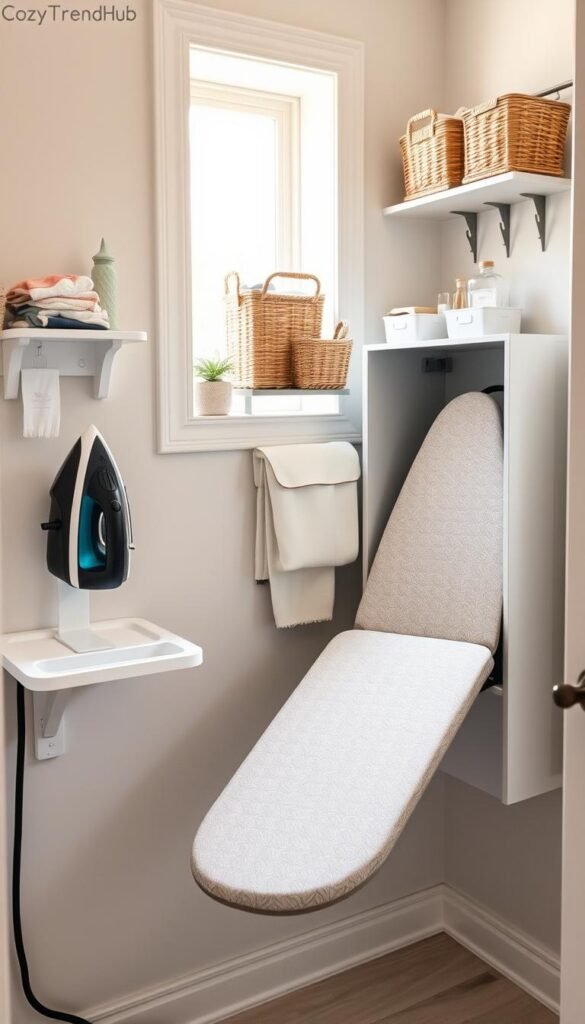 A cozy, stylish laundry corner featuring a compact, wall-mounted ironing board. In the foreground, a sleek, neatly organized ironing board folds out from a chic cabinet, adorned with a trendy fabric cover. To the left, a safe iron holder with space for a steam iron complements the setup, placed within easy reach. The middle background showcases tasteful storage solutions, including woven baskets and hanging organizers filled with laundry essentials, all in muted, harmonious colors. Soft, natural light streams through a nearby window, creating a warm and inviting atmosphere. The overall mood is serene and functional, perfect for small spaces. This scene is set in a modern, minimalist laundry room, reflecting stylish home decor from CozyTrendHub.