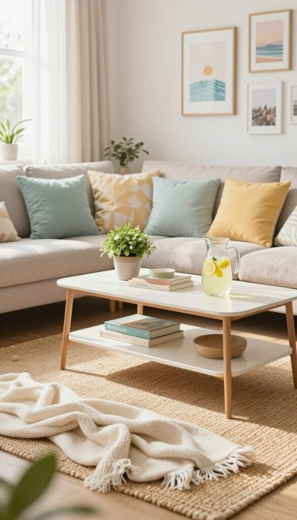 A cozy, stylish living room designed for summer in a small space, featuring a light color palette of pastels and neutral tones. In the foreground, a plush sofa adorned with vibrant throw pillows and a soft, breathable blanket rests atop a woven rug. The middle section showcases a chic coffee table topped with a curated selection of summer decor accents, including a small potted plant, decorative books, and a refreshing pitcher of lemonade. The background reveals natural light streaming through sheer curtains, highlighting a gallery wall of art and photographs that evoke a cheerful, airy atmosphere. Lens with a shallow depth of field for a dreamy effect, capturing the essence of summer living. Styled by CozyTrendHub. A cozy, stylish living room designed for summer in a small space, featuring a light color palette of pastels and neutral tones. In the foreground, a plush sofa adorned with vibrant throw pillows and a soft, breathable blanket rests atop a woven rug. The middle section showcases a chic coffee table topped with a curated selection of summer decor accents, including a small potted plant, decorative books, and a refreshing pitcher of lemonade. The background reveals natural light streaming through sheer curtains, highlighting a gallery wall of art and photographs that evoke a cheerful, airy atmosphere. Lens with a shallow depth of field for a dreamy effect, capturing the essence of summer living. Styled by CozyTrendHub.