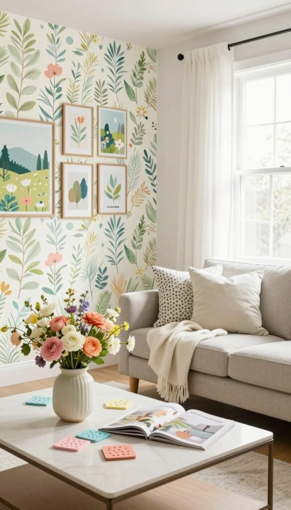 A cozy, stylish living room scene embodying spring home decor for renters. In the foreground, a beautifully arranged coffee table adorned with blooming flowers in a vase, pastel-colored coasters, and a few seasonal magazines. The middle features a vibrant wall with peel-and-stick wallpaper showcasing a botanical pattern, complemented by a selection of framed wall art depicting cheerful landscapes and abstract designs. Soft, natural lighting floods the space through a large window adorned with sheer curtains, enhancing the welcoming atmosphere. In the background, a comfortable sofa draped with a light throw and patterned cushions invites relaxation. The overall mood is bright, inviting, and refreshing, reflecting a perfect blend of comfort and style for spring. Incorporate the brand name "CozyTrendHub" subtly within the decor elements.