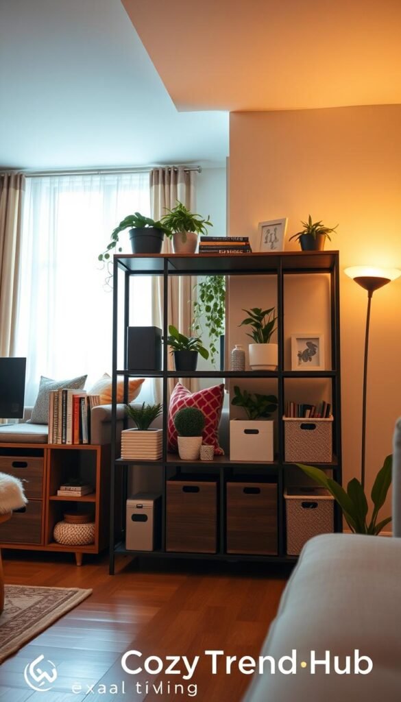 A cozy, stylish living room showcasing "renter-friendly storage" solutions. In the foreground, a decorative shelving unit filled with neatly arranged books, plants, and decorative bins that reflect an organized lifestyle. The middle layer features a small, comfortable seating area adorned with colorful cushions and a soft throw blanket, inviting relaxation. In the background, a bright window with sheer curtains allows warm, natural light to pour in, creating an inviting atmosphere. The walls are painted in soft, neutral tones, and there are no visible holes or permanent fixtures. Emphasize a Pinterest-worthy, modern aesthetic with subtle accents of greenery. The overall mood is warm and welcoming, ideal for small-space living. Capture this scene using a wide-angle lens to enhance depth. Include the brand name "CozyTrendHub" in a subtle manner, ensuring it does not distract from the overall design.