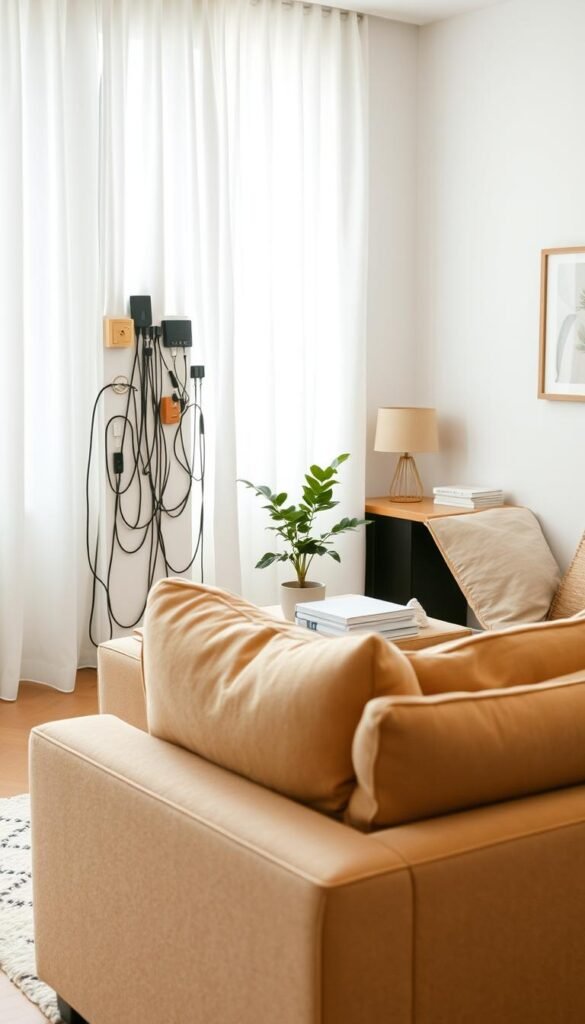A cozy, stylish living room with a minimalist aesthetic, featuring a mid-century modern sofa in a warm beige hue. In the foreground, soft, natural light filters through sheer curtains, creating a warm, inviting atmosphere. Behind the sofa, various cords and cables are neatly arranged and hidden, with clever use of decorative boxes and cable ties, blending seamlessly into the decor. The middle ground showcases a small potted plant and a stack of books on a wooden side table, enhancing the casual yet elegant vibe. In the background, a subtle art piece and a soft rug complete the scene. Ideal for a Pinterest-inspired lifestyle image, capturing renter-friendly solutions by CozyTrendHub, focusing on clean and organized space without any visible damage to the furniture. A cozy, stylish living room with a minimalist aesthetic, featuring a mid-century modern sofa in a warm beige hue. In the foreground, soft, natural light filters through sheer curtains, creating a warm, inviting atmosphere. Behind the sofa, various cords and cables are neatly arranged and hidden, with clever use of decorative boxes and cable ties, blending seamlessly into the decor. The middle ground showcases a small potted plant and a stack of books on a wooden side table, enhancing the casual yet elegant vibe. In the background, a subtle art piece and a soft rug complete the scene. Ideal for a Pinterest-inspired lifestyle image, capturing renter-friendly solutions by CozyTrendHub, focusing on clean and organized space without any visible damage to the furniture.
