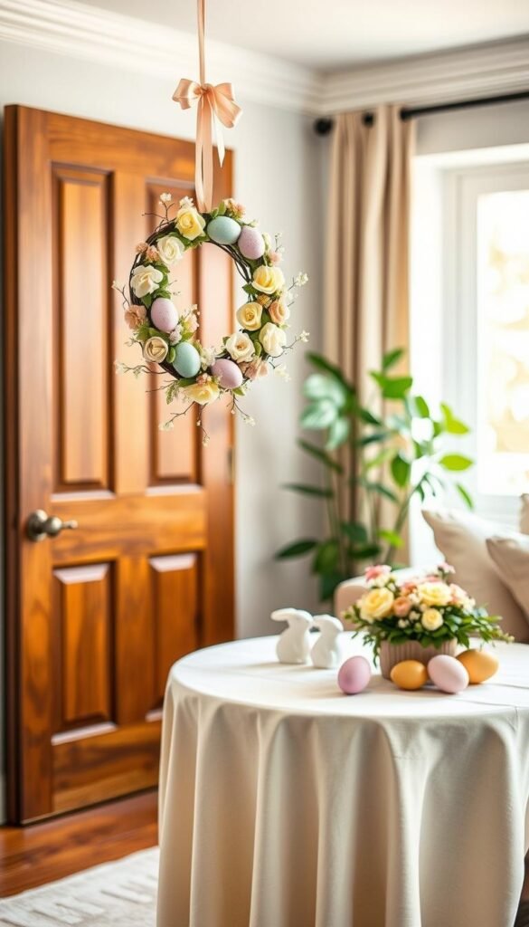 A cozy, stylish room setup showcasing renter-safe hanging Easter decorations, designed for small spaces. In the foreground, an elegant, pastel-colored wreath made of faux flowers and eggs hangs delightfully on a wooden door. The middle ground features a small, beautifully set table draped with a light tablecloth, adorned with delicate bunnies, colorful Easter eggs, and an arrangement of seasonal blooms in soft shades. The background reveals a softly-lit living area with a large window, allowing warm, natural light to bathe the space. Use a shallow depth of field to blur the background slightly, emphasizing the lovely details of the decor. Capture the inviting and festive atmosphere of spring, perfect for a Pinterest-style lifestyle aesthetic. Brand name: CozyTrendHub.