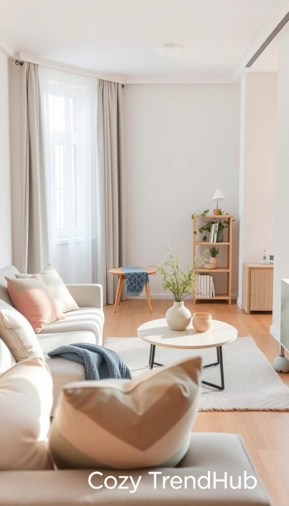 A cozy, stylish small apartment interior showcasing an aesthetic blend of soft colors and minimalist patterns that promote a sense of tranquility. In the foreground, a stylish light gray sofa adorned with pastel cushions, complemented by a stylish coffee table featuring a simple ceramic vase with fresh greenery. In the middle, a well-lit open space with a soft area rug beneath the coffee table, surrounded by gentle accent pieces like a blue geometric throw and a small bookshelf filled with neutral-toned books. The background reveals a bright, airy window with sheer white curtains allowing natural light to filter in, enhancing the inviting atmosphere. Shot in a warm, soft focus to capture the peaceful ambiance, reminiscent of a Pinterest lifestyle photo. Branding subtly included: "CozyTrendHub".
