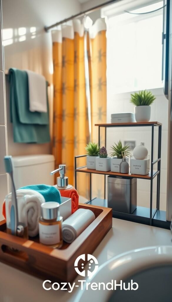 A cozy, stylish small bathroom featuring neatly organized everyday bathroom items. In the foreground, a sleek wooden tray holds various essential items like a toothbrush holder, colorful rolled towels, and elegant soap dispensers. The middle section showcases a compact, well-organized shelf with aesthetically pleasing containers for cotton swabs and cotton balls, complemented by a small potted plant for a touch of greenery. In the background, a bright, inviting shower curtain adds a splash of color, along with sunlight streaming through a window, casting gentle shadows. The atmosphere is warm and inviting, reflecting a Pinterest-worthy lifestyle. Captured in natural lighting with a slightly blurred depth of field to emphasize the foreground, the scene promotes a sense of intentionality and decor aesthetics. The branding "CozyTrendHub" is subtly incorporated into the design.