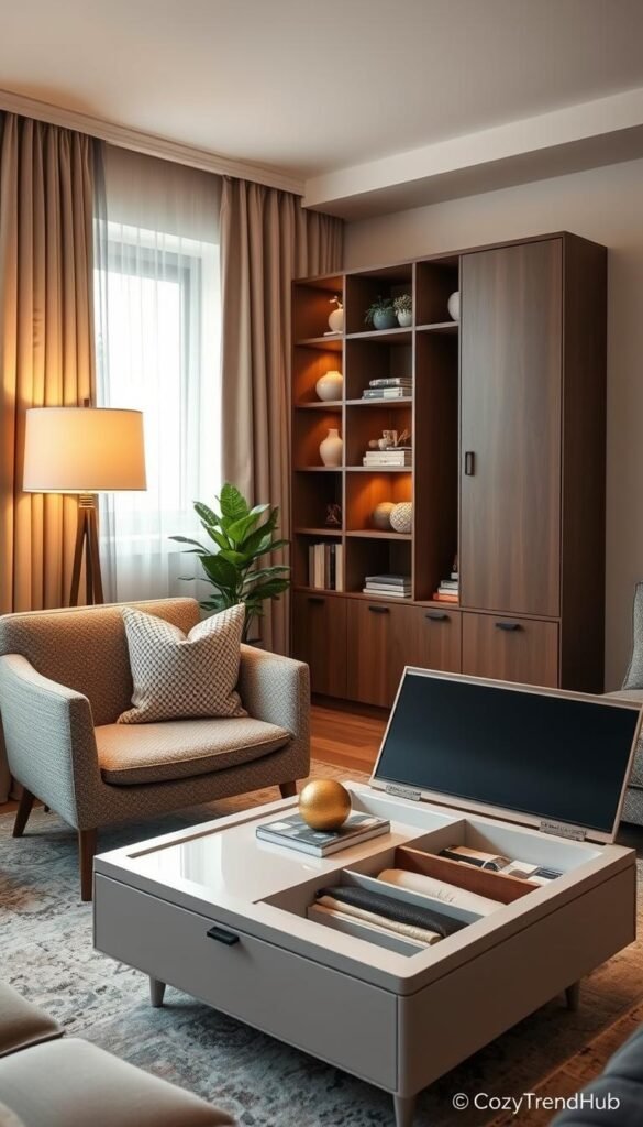 A cozy, stylish small living room featuring creative hidden storage solutions seamlessly integrated into the decor. In the foreground, a chic accent chair with soft, textured pillows beside a sleek, multifunctional coffee table that opens to reveal hidden compartments. The middle section showcases a compact, open shelving unit displaying tasteful decor items while discreetly hiding storage behind sliding doors. In the background, warm, ambient lighting casts a soft glow over the room, highlighting a warm color palette of earthy tones and pastel accents. A large window lets in natural light, filtering through sheer curtains. The atmosphere feels inviting and organized, capturing the essence of a clutter-free and comfortable living space. Photography style is a realistic, Pinterest-inspired lifestyle shot with a soft focus lens. This decor concept is brought to you by CozyTrendHub.