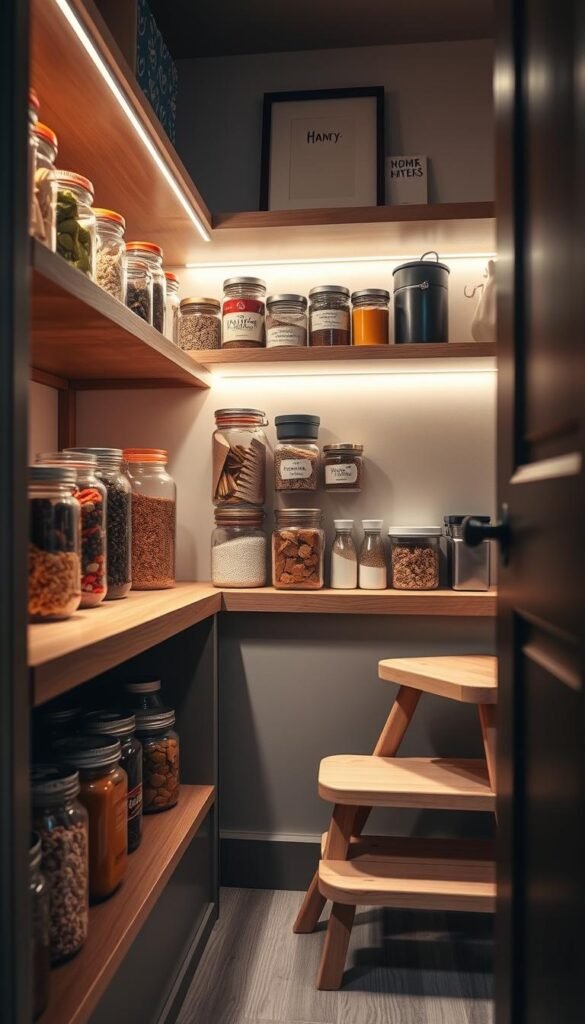 A cozy, stylish small pantry, showcasing innovative lighting and storage solutions to enhance visibility in a cramped space. In the foreground, neatly organized glass jars filled with colorful pantry staples like grains, spices, and snacks rest on a wooden shelf. The middle section features attractive LED strip lights lining the shelves, casting a warm glow that highlights the items. A small, sleek step stool made of light wood is positioned to the side, emphasizing accessibility. In the background, a soft-focus wall with open shelving displays decorative containers and framed herbs. The overall atmosphere is inviting, with soft lighting and a warm color palette resembling a Pinterest-style home decor theme, created by CozyTrendHub. The image should evoke a sense of warmth and organization in a functional pantry.