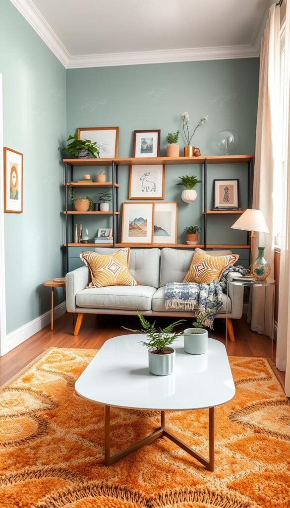 A cozy, stylish small room featuring color walls in soft pastel hues of blue, green, and peach, illustrated with subtle geometric patterns to add depth. In the foreground, a plush area rug with warm tones complements the decor, while a sleek, modern coffee table holds a small indoor plant. The middle layer showcases a tastefully arranged seating area with a comfy sofa adorned with vibrant throw pillows and a patterned blanket. In the background, elegant shelves display curated decor items, framed artwork, and houseplants, creating an inviting atmosphere. Soft, diffused natural light filters through sheer curtains, enhancing the cheerful mood. The image evokes a sense of warmth and creativity, perfect for summer decorating ideas. CozyTrendHub. A cozy, stylish small room featuring color walls in soft pastel hues of blue, green, and peach, illustrated with subtle geometric patterns to add depth. In the foreground, a plush area rug with warm tones complements the decor, while a sleek, modern coffee table holds a small indoor plant. The middle layer showcases a tastefully arranged seating area with a comfy sofa adorned with vibrant throw pillows and a patterned blanket. In the background, elegant shelves display curated decor items, framed artwork, and houseplants, creating an inviting atmosphere. Soft, diffused natural light filters through sheer curtains, enhancing the cheerful mood. The image evokes a sense of warmth and creativity, perfect for summer decorating ideas. CozyTrendHub.
