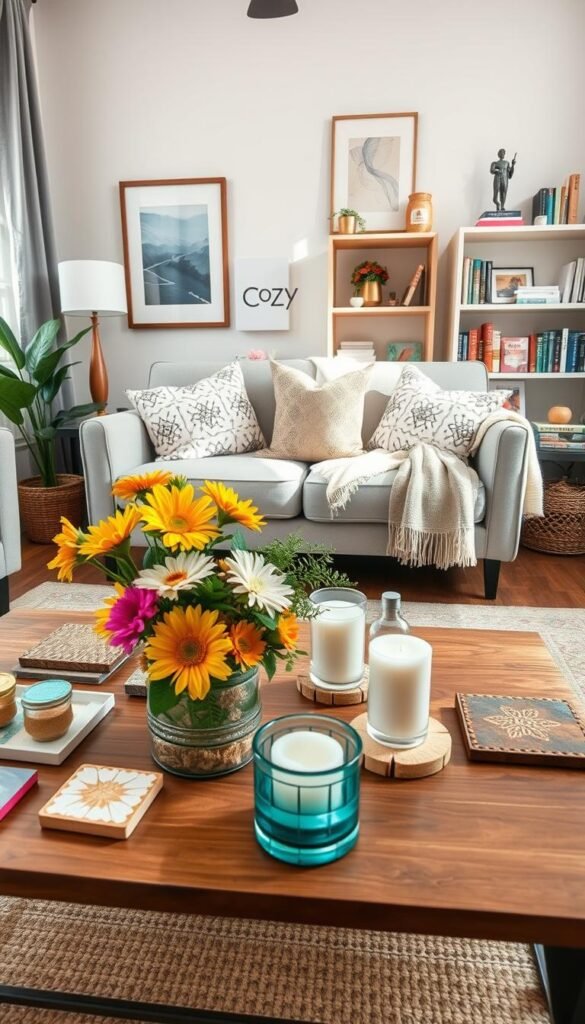 A cozy, stylish small space interior showcasing various summer decor products laid out for comparison. In the foreground, a beautifully arranged coffee table features a vibrant summer-themed centerpiece, including fresh flowers, colorful candles, and decorative coasters. In the middle, a chic small sofa adorned with patterned cushions and a lightweight throw, perfectly reflecting a relaxed summer vibe. The background showcases a wall with tasteful art and a small bookshelf filled with summer-themed books and decor items. Soft natural lighting filters through a window, creating a warm atmosphere. Capture the scene in a wide-angle shot, emphasizing the inviting yet functional use of space, with a Pinterest-style aesthetic that highlights the brand "CozyTrendHub." A cozy, stylish small space interior showcasing various summer decor products laid out for comparison. In the foreground, a beautifully arranged coffee table features a vibrant summer-themed centerpiece, including fresh flowers, colorful candles, and decorative coasters. In the middle, a chic small sofa adorned with patterned cushions and a lightweight throw, perfectly reflecting a relaxed summer vibe. The background showcases a wall with tasteful art and a small bookshelf filled with summer-themed books and decor items. Soft natural lighting filters through a window, creating a warm atmosphere. Capture the scene in a wide-angle shot, emphasizing the inviting yet functional use of space, with a Pinterest-style aesthetic that highlights the brand "CozyTrendHub."