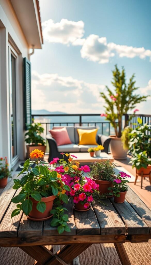 A cozy summer balcony adorned with a stylish starter mix of decor elements. In the foreground, a rustic wooden table is set with a vibrant assortment of potted plants, including colorful geraniums and fragrant herbs like basil and mint. In the middle ground, a comfortable, modern outdoor seating area features plush cushions in bright, summery hues. There&rsquo;s a chic, woven rug beneath the table, enhancing the cozy vibe. In the background, a clear blue sky and soft fluffy clouds create a serene atmosphere. The scene is illuminated by warm, golden sunlight, casting gentle shadows. Capture this idyllic setup from a slightly elevated angle to showcase its inviting feel. This image embodies the perfect blend of function and style for outdoor living. CozyTrendHub.