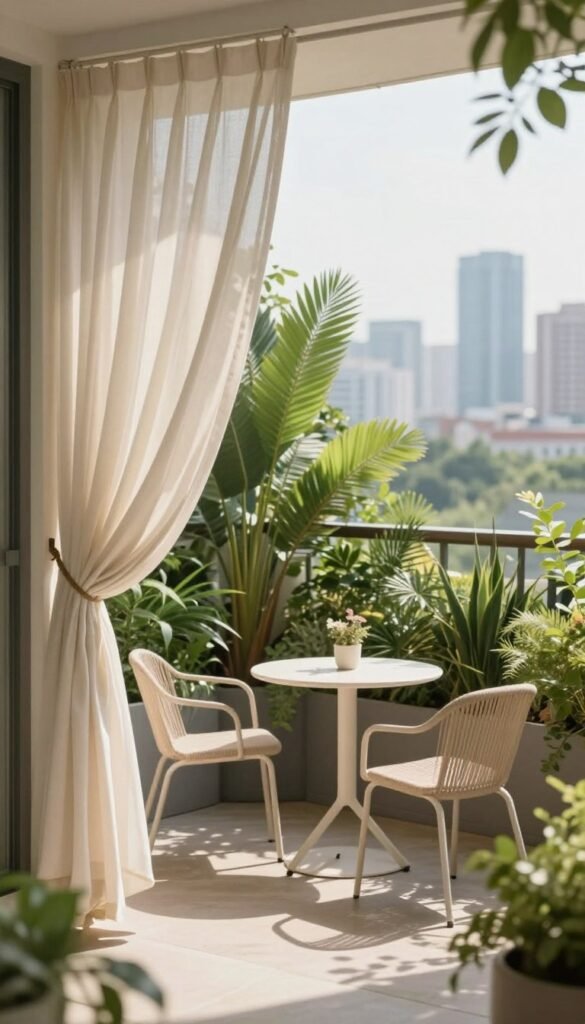 A cozy summer balcony scene that emphasizes privacy while maintaining an open feel. In the foreground, a stylish drapery softly blowing in the breeze, its fabric a light, airy material. The middle features lush greenery strategically placed in vertical planters, creating an inviting green screen effect. A tasteful arrangement of small, modern furniture&mdash;a bistro table and two chairs&mdash;encourages relaxation without feeling boxed in. In the background, a city skyline is subtly blurred, emphasizing the contrast between urban life and private retreat. Soft, warm sunlight filters through, casting gentle shadows and enhancing the tranquil mood. Captured with a soft-focus lens at a slight elevation angle to reveal depth in the layout. This image reflects a harmonious balance of style and functionality, perfect for summer decor inspiration from CozyTrendHub.