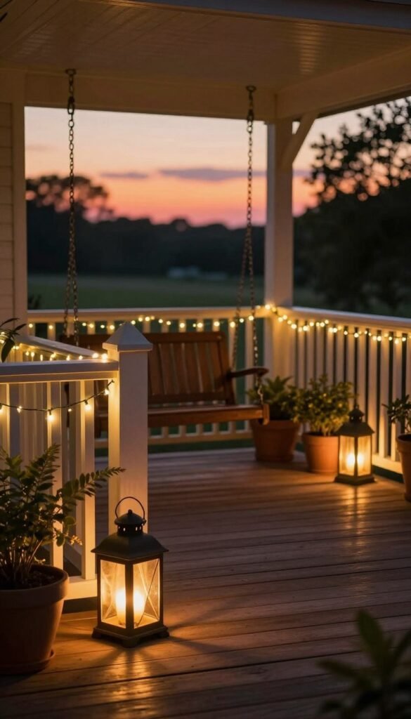 A cozy summer porch scene at dusk, beautifully illuminated with warm, inviting lighting. In the foreground, there are stylish lanterns and fairy lights draped elegantly along the railing. The middle ground features a rustic wooden swing and potted plants, creating a homely atmosphere. Subtle light casts gentle shadows, enhancing the texture of the porch's wooden flooring. In the background, a softly glowing sunset radiates hues of orange and pink, blending into twilight. The image captures a sense of safety and warmth, perfect for enjoying summer evenings. Shot with a 50mm lens to create a slightly blurred background, enhancing focus on the lighting and decor elements. This Pinterest-style lifestyle photo embodies the essence of home and comfort. Designed for "CozyTrendHub".