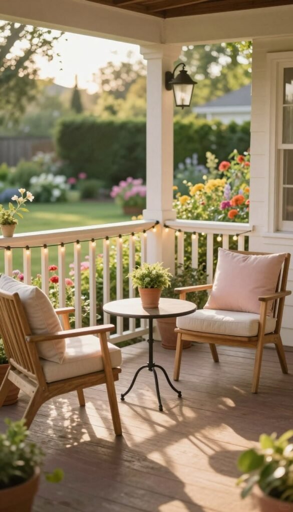 A cozy summer porch scene showcasing a stylish seating arrangement designed to solve the &ldquo;No Place to Sit&rdquo; problem. The foreground features a pair of minimalist wooden chairs with soft, pastel cushions, positioned around a small round table adorned with a potted plant. In the middle ground, a charming porch railing draped with fairy lights creates an inviting atmosphere. The background shows a lush garden filled with colorful flowers and greenery, bathed in warm, golden afternoon sunlight. The scene is captured from a slightly elevated angle, using a soft-focus lens to give an inviting and serene mood. Rustic yet modern decor elements enhance the lifestyle aesthetic, characteristic of CozyTrendHub, promoting effective summer decor ideas for any entryway.