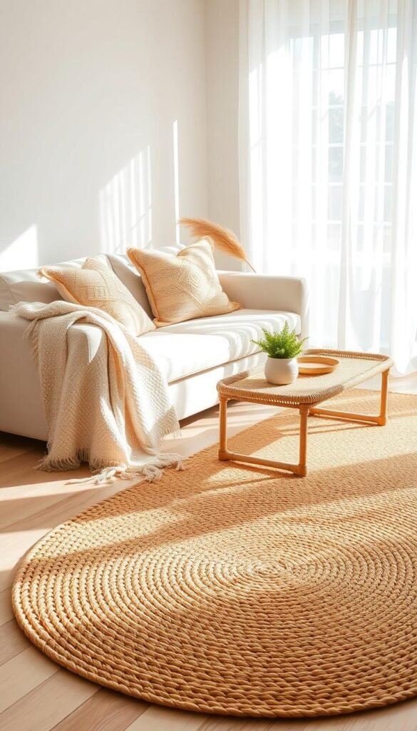 A cozy, sunlit living room featuring woven textures that evoke spring warmth. In the foreground, a natural jute rug lays on a light hardwood floor, accompanied by a soft throw blanket in pastel colors draped over a minimalist sofa. In the middle, decorative pillows with intricate woven patterns and a wicker coffee table adorned with a small potted plant add charm and texture. The background showcases sheer curtains gently fluttering in a warm breeze, allowing sunlight to filter through, illuminating the space with a welcoming glow. The overall atmosphere should feel fresh, inviting, and serene, perfect for a spring makeover. Style the scene elegantly to reflect the essence of CozyTrendHub, embodying a Pinterest-worthy lifestyle aesthetic. A cozy, sunlit living room featuring woven textures that evoke spring warmth. In the foreground, a natural jute rug lays on a light hardwood floor, accompanied by a soft throw blanket in pastel colors draped over a minimalist sofa. In the middle, decorative pillows with intricate woven patterns and a wicker coffee table adorned with a small potted plant add charm and texture. The background showcases sheer curtains gently fluttering in a warm breeze, allowing sunlight to filter through, illuminating the space with a welcoming glow. The overall atmosphere should feel fresh, inviting, and serene, perfect for a spring makeover. Style the scene elegantly to reflect the essence of CozyTrendHub, embodying a Pinterest-worthy lifestyle aesthetic.