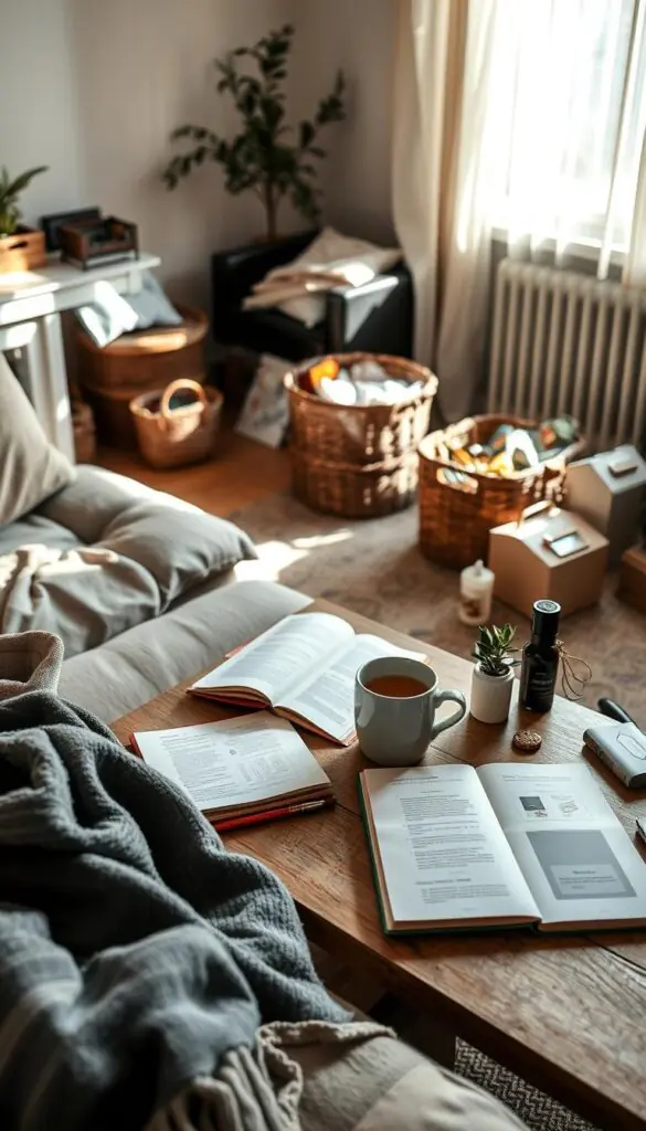 A cozy, sunlit living room filled with subtle disarray, showcasing an inviting scene of "clutter time." In the foreground, a neatly folded throw blanket rests on a slightly rumpled sofa adorned with cushions. A coffee table is covered with a mix of open notebooks, a steaming mug of herbal tea, and scattered decorative items like a small succulent and scented candles. In the middle ground, a few stylish storage baskets overflow with miscellaneous items, reflecting a lived-in atmosphere. The background features soft daylight streaming through sheer curtains, casting gentle shadows and creating a warm ambiance. The mood is balanced between comfort and productivity, inviting viewers to embrace the beauty of everyday organization. This image embodies the essence of CozyTrendHub and inspires a sense of calm while navigating daily clutter. A cozy, sunlit living room filled with subtle disarray, showcasing an inviting scene of "clutter time." In the foreground, a neatly folded throw blanket rests on a slightly rumpled sofa adorned with cushions. A coffee table is covered with a mix of open notebooks, a steaming mug of herbal tea, and scattered decorative items like a small succulent and scented candles. In the middle ground, a few stylish storage baskets overflow with miscellaneous items, reflecting a lived-in atmosphere. The background features soft daylight streaming through sheer curtains, casting gentle shadows and creating a warm ambiance. The mood is balanced between comfort and productivity, inviting viewers to embrace the beauty of everyday organization. This image embodies the essence of CozyTrendHub and inspires a sense of calm while navigating daily clutter.