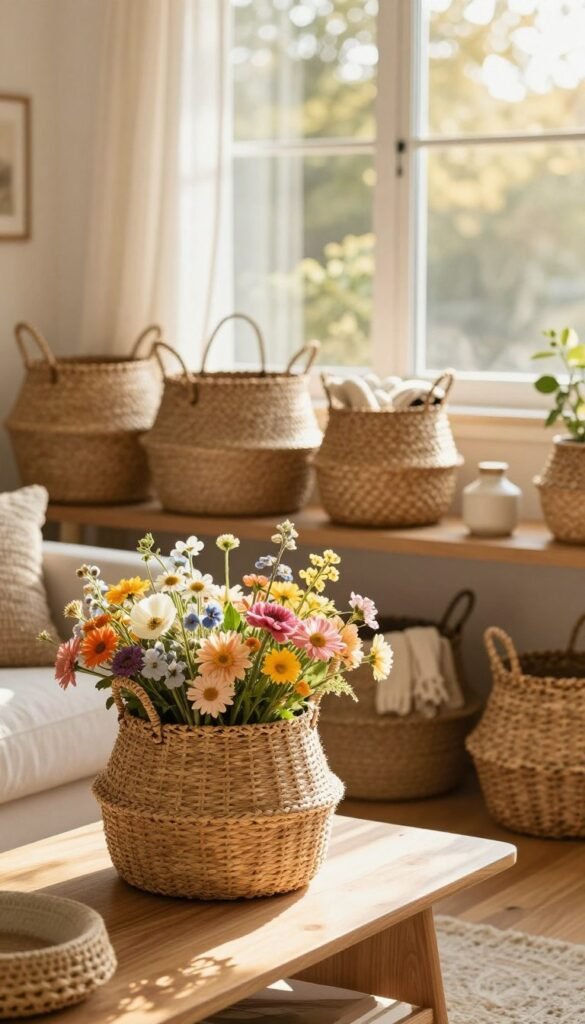 A cozy, sunlit living space showcasing an assortment of natural baskets made from rattan, jute, and wicker. In the foreground, a stylish rattan basket filled with vibrant summer flowers sits on a light wooden coffee table. In the middle ground, a shelf adorned with smaller wicker baskets in various shapes and textures, overflowing with plush throws and decorative items, creates an inviting atmosphere. The background features a softly blurred window with sheer curtains, allowing warm, golden sunlight to bathe the room, enhancing the natural tones of the decor. The overall mood is tranquil and welcoming, perfect for summer. Imagine this stylish arrangement captured in a Pinterest-worthy lifestyle shot. CozyTrendHub. A cozy, sunlit living space showcasing an assortment of natural baskets made from rattan, jute, and wicker. In the foreground, a stylish rattan basket filled with vibrant summer flowers sits on a light wooden coffee table. In the middle ground, a shelf adorned with smaller wicker baskets in various shapes and textures, overflowing with plush throws and decorative items, creates an inviting atmosphere. The background features a softly blurred window with sheer curtains, allowing warm, golden sunlight to bathe the room, enhancing the natural tones of the decor. The overall mood is tranquil and welcoming, perfect for summer. Imagine this stylish arrangement captured in a Pinterest-worthy lifestyle shot. CozyTrendHub.