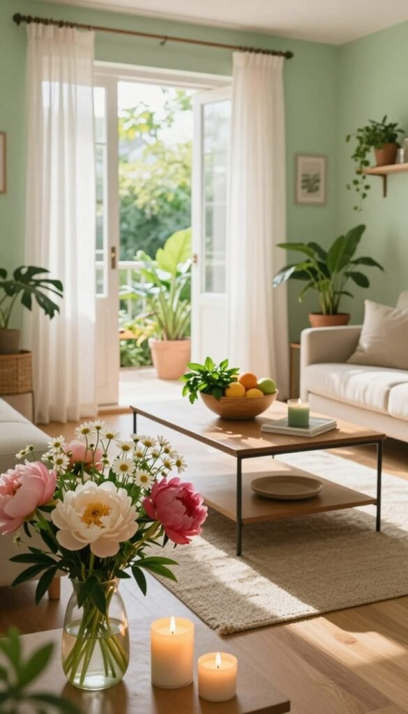 A cozy, sunlit small apartment interior that evokes summer scents, featuring a vase of fresh, vibrant flowers in the foreground, such as peonies and daisies, alongside aromatic candles flickering softly. The middle layer showcases a stylishly arranged coffee table with a tropical fruit bowl, fresh herbs like mint and basil, and an open window allowing gentle breezes to flow through lightweight, sheer curtains. In the background, a bright, light green accent wall enhances the space's airy ambiance, with potted plants adding life and a sense of cleanliness. The overall lighting is warm and natural, suggesting a peaceful summer afternoon. The image conveys a refreshing, uplifting atmosphere perfect for the season, embodying the essence of summer scents in small spaces, from CozyTrendHub.