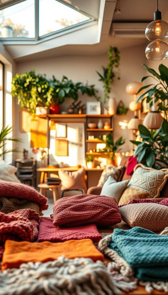 A cozy textures studio filled with an array of rich, vibrant color swatches and various textile samples. In the foreground, a beautifully arranged table showcases plush fabric samples, inviting knit throws, and soft cushions with intricate patterns. The middle features an inviting workspace bathed in warm, natural light, with a large window catching the golden hour glow, highlighting the textures. Shelves adorned with decorative accents and mood boards display harmonious color palettes. The background hints at a warm, modern setting, complete with softly glowing pendant lights and lush greenery to enhance the welcoming atmosphere. Capture this scene at a slight angle with a soft focus effect, emphasizing the warmth and stylish design that inspires comfort for apartment living. CozyTrendHub.