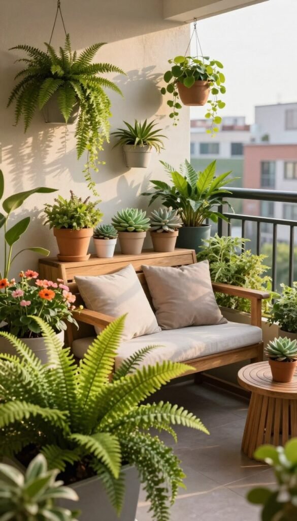 A cozy urban balcony filled with a variety of lush, green plants, showcasing space-saving vertical planters and hanging pots. In the foreground, vibrant ferns and colorful flowers spill over the edges of a modern railing planter. The middle ground features a stylish wooden bench adorned with soft cushions in neutral tones, surrounded by elegant potted succulents. The background reveals a cityscape, with buildings gently blurred to emphasize the tranquility of the greenery. Warm, golden hour sunlight bathes the scene, creating a serene and inviting atmosphere. The composition should reflect a Pinterest-style lifestyle photo, illustrating ideal outdoor decor for apartment living by CozyTrendHub.