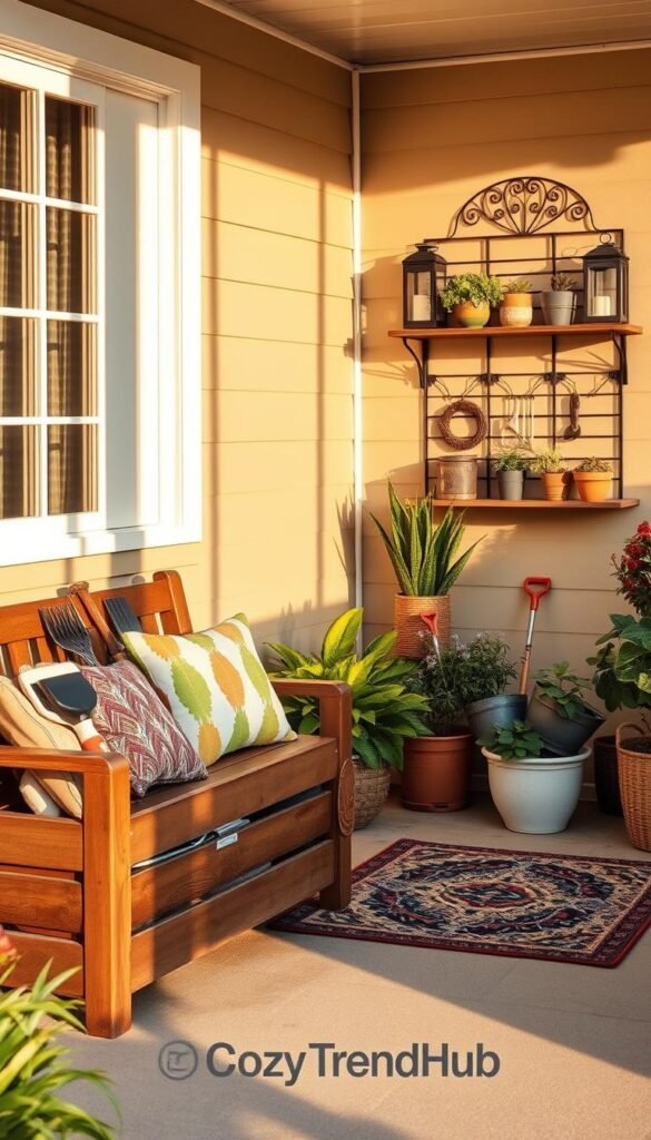 A cozy utility zone designed for outdoor spaces, showcasing an organized small porch scene. In the foreground, a wooden bench with colorful throw pillows sits beside a stylish storage box filled with gardening tools. The middle section features potted plants and a small outdoor rug, creating a welcoming atmosphere. In the background, a decorative wall-mounted shelf displays outdoor decor items like lanterns and pots. The lighting is warm, simulating a late afternoon sun, casting soft shadows. The composition is captured from a slightly elevated angle, providing a clear view of the organized space. The overall mood is inviting and practical, embodying a Pinterest-inspired lifestyle. Include subtle branding elements of "CozyTrendHub" in the decor. A cozy utility zone designed for outdoor spaces, showcasing an organized small porch scene. In the foreground, a wooden bench with colorful throw pillows sits beside a stylish storage box filled with gardening tools. The middle section features potted plants and a small outdoor rug, creating a welcoming atmosphere. In the background, a decorative wall-mounted shelf displays outdoor decor items like lanterns and pots. The lighting is warm, simulating a late afternoon sun, casting soft shadows. The composition is captured from a slightly elevated angle, providing a clear view of the organized space. The overall mood is inviting and practical, embodying a Pinterest-inspired lifestyle. Include subtle branding elements of "CozyTrendHub" in the decor.