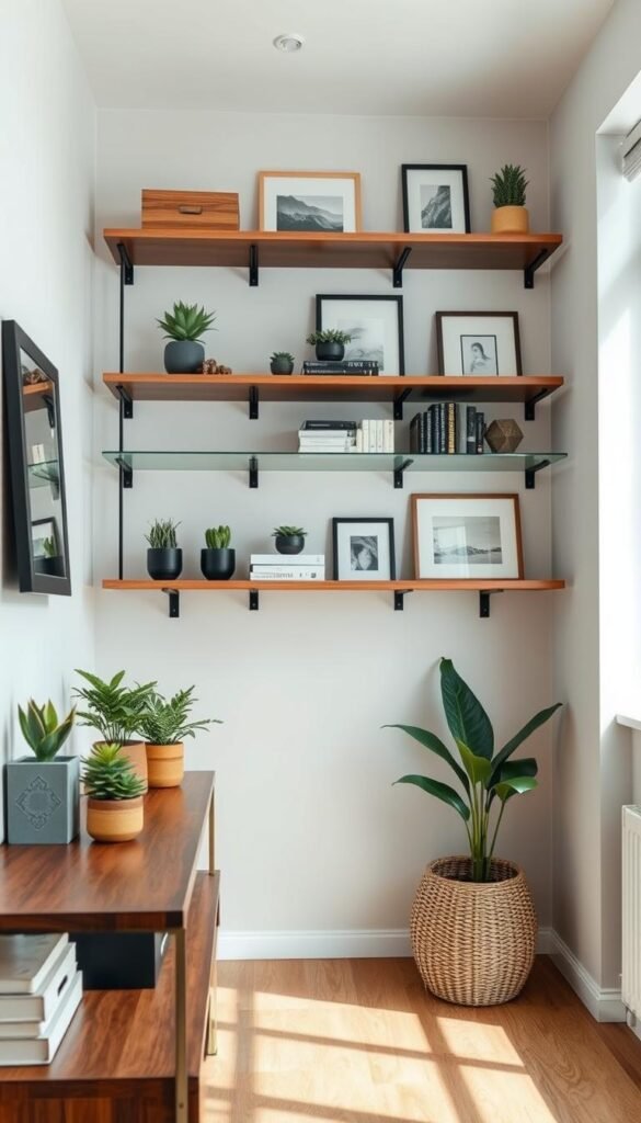 A cozy vertical storage room featuring modern shelving that maximizes space in a small apartment. In the foreground, organize decorative boxes and plants on an elegant wooden shelf. In the middle, showcase multi-tiered wall shelves adorned with books, succulents, and framed art, emphasizing an uncluttered aesthetic. The background includes a soft pastel wall color with floating glass shelves that enhance the depth of the room. Natural light filters through a nearby window, creating a warm, inviting atmosphere. The lens captures a wide angle, giving a clear view of the vertical storage arrangement. The overall mood is serene and inspiring, perfectly embodying the essence of optimized comfort and style. Styled in line with the brand "CozyTrendHub," the image encourages viewers to envision a functional yet chic living space.