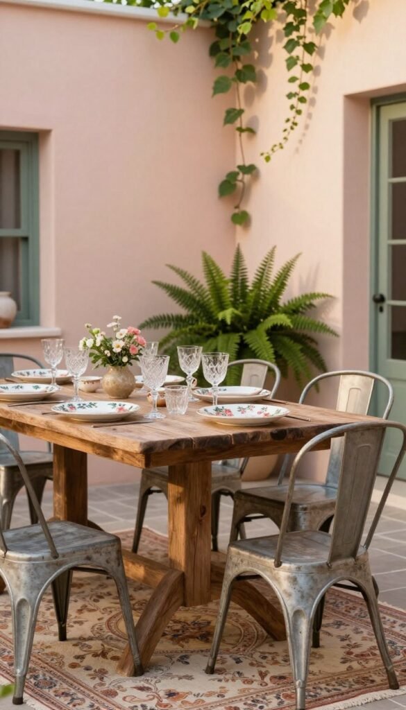 A cozy vintage patio showcasing a blend of thrifted decor elements that exude charm and elegance. In the foreground, a rustic wooden table adorned with antique glassware and mismatched floral-patterned tableware, surrounded by elegant, weathered metal chairs. The middle ground features a vintage rug with muted colors, adding warmth, and a potted fern that brings a touch of greenery. In the background, a soft, pastel-hued wall with climbing vines enhances the serene atmosphere. The scene is bathed in warm, golden hour sunlight, creating a peaceful, inviting glow. The overall mood is relaxed and stylish, perfect for outdoor gatherings. This image reflects budget-friendly yet high-end decor aesthetics and is designed for CozyTrendHub.