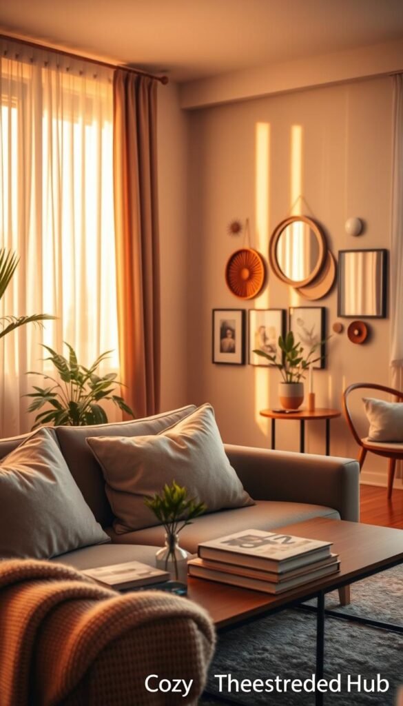 A cozy, well-decorated apartment room bathed in warm, soft lighting, showcasing aesthetic decor that instantly elevates a rental. In the foreground, a stylish mid-century modern couch with plush cushions and a textured throw blanket invites relaxation. A minimalistic coffee table with a few artfully arranged books and a small green plant adds a touch of nature. In the middle ground, a chic gallery wall displays framed artwork and decorative mirrors, reflecting the ambient light. The background features a large window draped in sheer curtains, allowing natural sunlight to filter in, creating a serene atmosphere. The overall mood is inviting and artistic, perfect for a modern apartment. Shot with a 35mm lens for a warm depth of field, emphasizing the decor details, branded by CozyTrendHub.