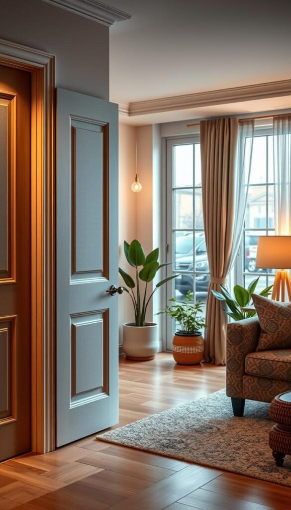 A cozy, well-decorated living room scene featuring stylish doors and windows, designed to illustrate the concept of noise leaks. In the foreground, a beautifully textured door with sealed edges, adorned with soundproofing curtains that feature a tasteful, soothing pattern. The middle ground showcases large windows treated with elegant sound-absorbing drapes, complemented by potted plants that enhance the atmosphere. In the background, soft, warm lighting creates an inviting ambiance, highlighting the details in the decor. The overall mood is tranquil and stylish, evoking a sense of comfort in a space designed to minimize outside noise. The image aligns with the aesthetic of CozyTrendHub, perfect for Pinterest-style lifestyle visuals focused on home decor solutions. A cozy, well-decorated living room scene featuring stylish doors and windows, designed to illustrate the concept of noise leaks. In the foreground, a beautifully textured door with sealed edges, adorned with soundproofing curtains that feature a tasteful, soothing pattern. The middle ground showcases large windows treated with elegant sound-absorbing drapes, complemented by potted plants that enhance the atmosphere. In the background, soft, warm lighting creates an inviting ambiance, highlighting the details in the decor. The overall mood is tranquil and stylish, evoking a sense of comfort in a space designed to minimize outside noise. The image aligns with the aesthetic of CozyTrendHub, perfect for Pinterest-style lifestyle visuals focused on home decor solutions.