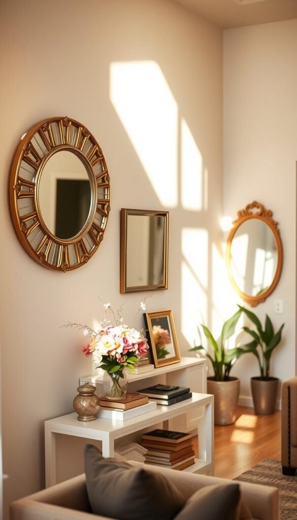 A cozy, well-decorated small living room featuring multiple elegant mirrors that enhance the space, making it feel larger and brighter. In the foreground, a stylish round mirror with a decorative gold frame reflects soft natural light from a nearby window. The middle of the room showcases a chic console table adorned with fresh flowers, decorative books, and a smaller rectangular mirror. In the background, light-colored walls and a tasteful color palette create a serene atmosphere. Potted plants add a touch of greenery, and warm sunlight pours in, casting gentle shadows. The scene exudes a welcoming and aesthetic mood, ideal for elevating everyday spaces. This image captures the essence of CozyTrendHub's approach to home decor.