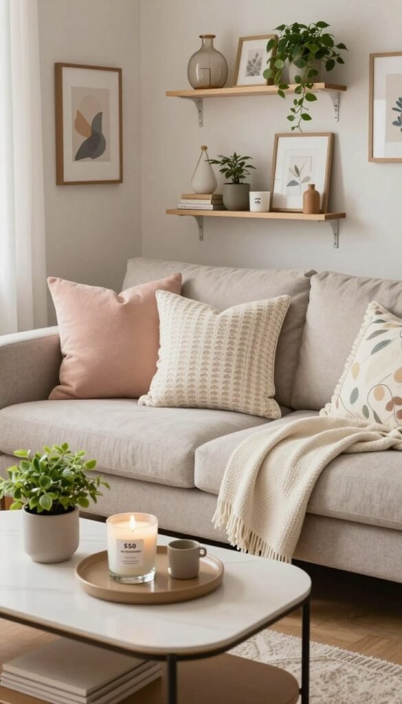 A cozy, well-decorated small living room highlighting buying considerations for decor in compact spaces. In the foreground, a stylish coffee table set with elegant decorative items under $50, like a luxe candle and a small potted plant, all arranged thoughtfully. The middle section features a plush, inviting sofa adorned with chic, seasonal throw pillows in pastel colors for spring, complemented by a lightweight throw blanket draped casually. In the background, a curated wall display with framed art and shelves filled with tasteful knick-knacks and plants illustrates clever use of vertical space. Soft, natural lighting creates a warm and inviting atmosphere, with a slight perspective angle that captures the essence of stylish living. The image embodies the brand "CozyTrendHub" with a focus on affordable elegance in small spaces. A cozy, well-decorated small living room highlighting buying considerations for decor in compact spaces. In the foreground, a stylish coffee table set with elegant decorative items under $50, like a luxe candle and a small potted plant, all arranged thoughtfully. The middle section features a plush, inviting sofa adorned with chic, seasonal throw pillows in pastel colors for spring, complemented by a lightweight throw blanket draped casually. In the background, a curated wall display with framed art and shelves filled with tasteful knick-knacks and plants illustrates clever use of vertical space. Soft, natural lighting creates a warm and inviting atmosphere, with a slight perspective angle that captures the essence of stylish living. The image embodies the brand "CozyTrendHub" with a focus on affordable elegance in small spaces.