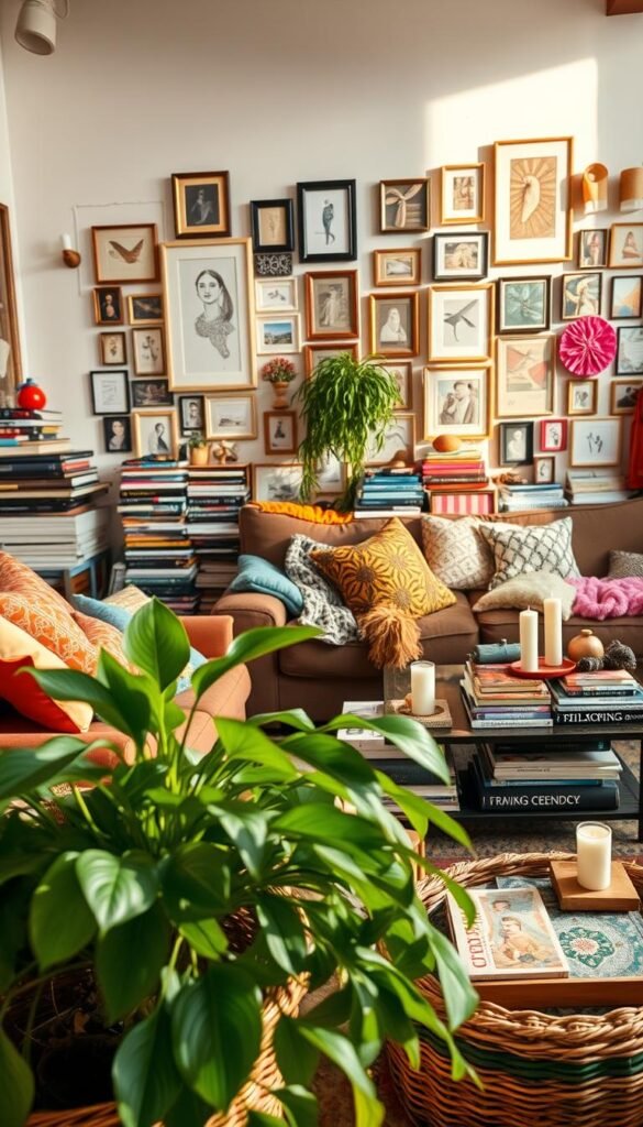 A cozy, well-lit living room showcasing an array of decor clutter that feels vibrant yet overwhelming. In the foreground, a lush green plant spills over a decorative basket, while a colorful assortment of throw pillows and blankets are haphazardly placed on a stylish couch. The middle ground features a coffee table cluttered with books, candles, and decorative trays, hinting at personality but creating visual chaos. In the background, a gallery wall displays an eclectic mix of frames, art pieces, and wall hangings, contributing to the crowded feel. The lighting is warm and inviting, reminiscent of late afternoon sunshine, casting soft shadows that enhance the layered clutter. The mood is a blend of homey comfort and slight disarray, reflecting the concept of decor clutter. This image embodies the essence of "CozyTrendHub" style, perfect for Pinterest-inspired lifestyle content. A cozy, well-lit living room showcasing an array of decor clutter that feels vibrant yet overwhelming. In the foreground, a lush green plant spills over a decorative basket, while a colorful assortment of throw pillows and blankets are haphazardly placed on a stylish couch. The middle ground features a coffee table cluttered with books, candles, and decorative trays, hinting at personality but creating visual chaos. In the background, a gallery wall displays an eclectic mix of frames, art pieces, and wall hangings, contributing to the crowded feel. The lighting is warm and inviting, reminiscent of late afternoon sunshine, casting soft shadows that enhance the layered clutter. The mood is a blend of homey comfort and slight disarray, reflecting the concept of decor clutter. This image embodies the essence of "CozyTrendHub" style, perfect for Pinterest-inspired lifestyle content.