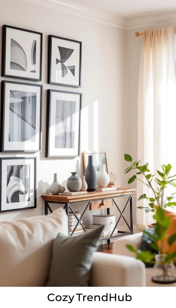 A cozy, well-lit living room showcasing an elegant display of art and wall decor that reflects personality. In the foreground, a stylish gallery wall featuring a mix of framed abstract paintings and black-and-white photography, each piece thoughtfully arranged. In the middle, a rustic wooden console table adorned with decorative vases and books, enhancing the artistic feel. The background reveals soft natural light streaming through sheer curtains, creating a warm atmosphere. A potted plant peeks from the corner, adding a touch of greenery. The scene conveys an inviting, personalized space where art complements the home. Capture this modern, lifestyle aesthetic inspired by "CozyTrendHub," with a focus on warmth and creativity in the decor. A cozy, well-lit living room showcasing an elegant display of art and wall decor that reflects personality. In the foreground, a stylish gallery wall featuring a mix of framed abstract paintings and black-and-white photography, each piece thoughtfully arranged. In the middle, a rustic wooden console table adorned with decorative vases and books, enhancing the artistic feel. The background reveals soft natural light streaming through sheer curtains, creating a warm atmosphere. A potted plant peeks from the corner, adding a touch of greenery. The scene conveys an inviting, personalized space where art complements the home. Capture this modern, lifestyle aesthetic inspired by "CozyTrendHub," with a focus on warmth and creativity in the decor.