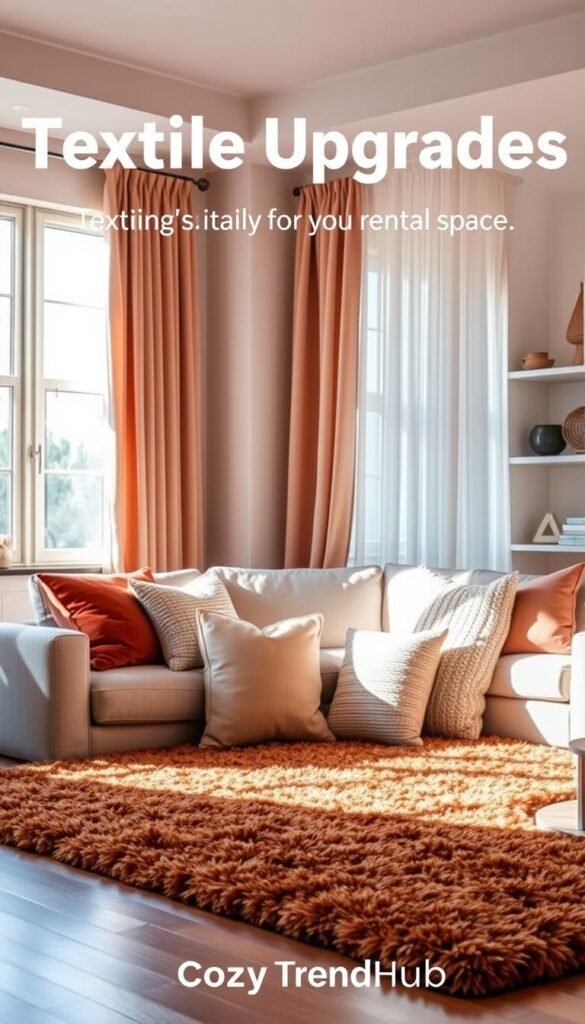 A cozy, well-lit living room showcasing textile upgrades ideal for a rental space. In the foreground, a plush area rug in warm earth tones lies invitingly on a wooden floor, accented by decorative pillow covers in various textures&mdash;velvet, cotton, and knit&mdash;arranged artfully on a neutral-toned sofa. The middle layer features elegantly draped curtains in a soft, flowing fabric that compliments the room's color palette, allowing sunlight to filter through. In the background, shelves display carefully curated home decor items. The lighting is soft and warm, evoking a welcoming atmosphere. The scene has a Pinterest-inspired aesthetic, emphasizing comfort and style. Brand name "CozyTrendHub" subtly integrated into the decor.